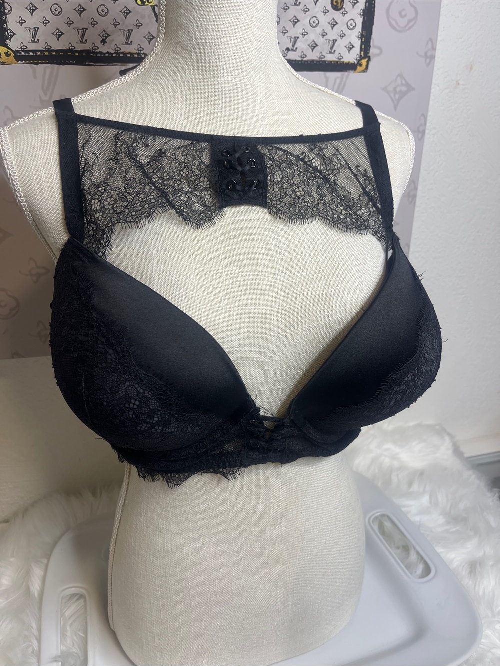 Victorias Secret Sheer Lace High-Neck Push-Up Bra in Black